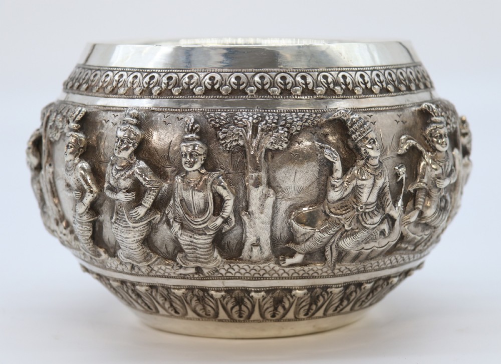 19th century Indian silver Raj period deep relief repousse work bowl. View XII