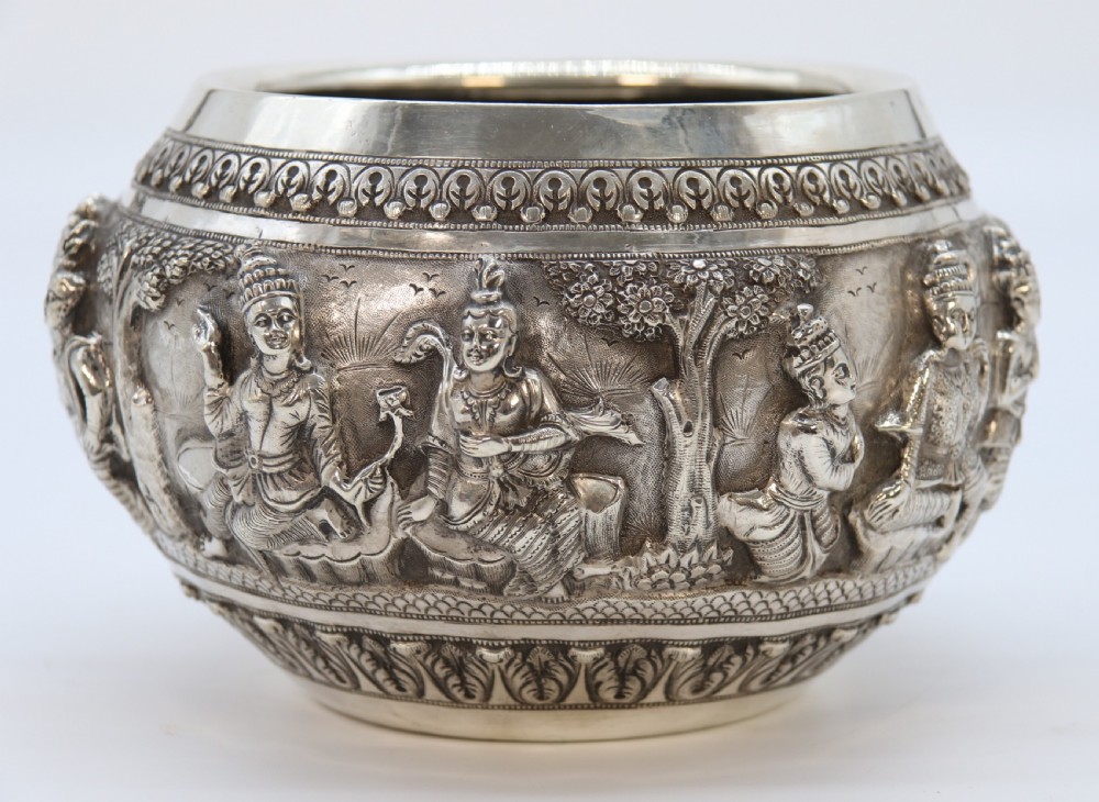 19th century Indian silver Raj period deep relief repousse work bowl. View XIII