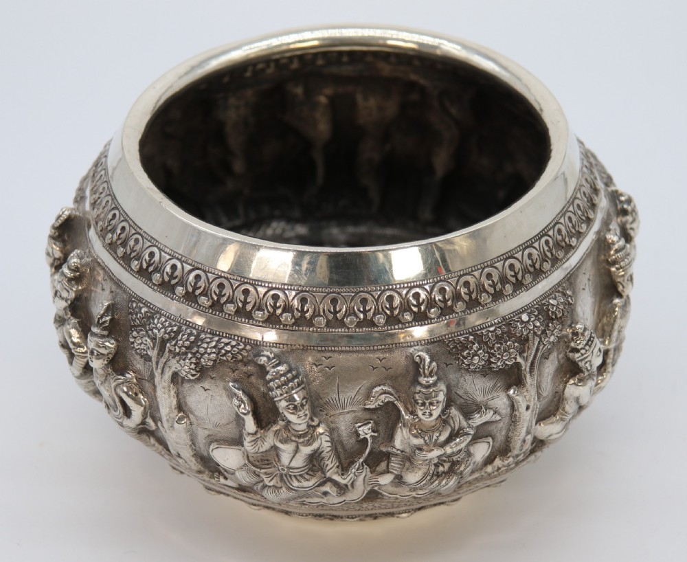 19th century Indian silver Raj period deep relief repousse work bowl. View XIV