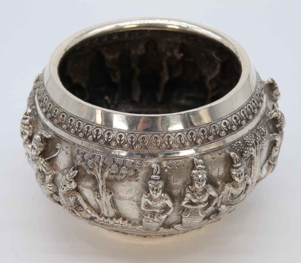 19th century Indian silver Raj period deep relief repousse work bowl. View XV