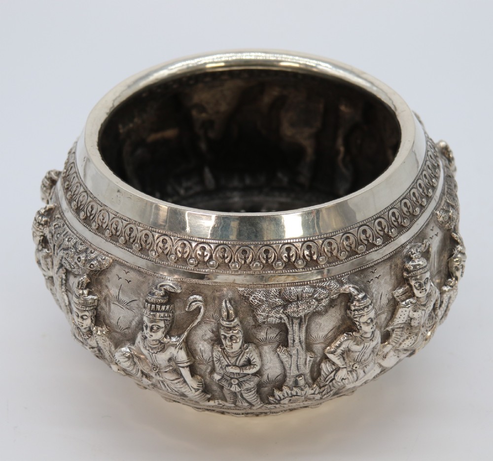 19th century Indian silver Raj period deep relief repousse work bowl. View XVI