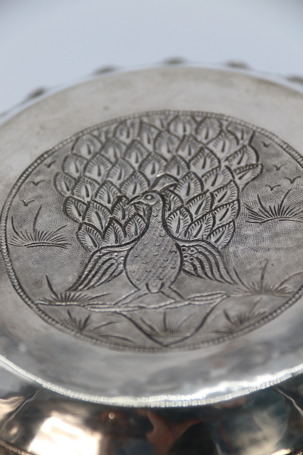 19th century Indian silver Raj period deep relief repousse work bowl. View XVIII
