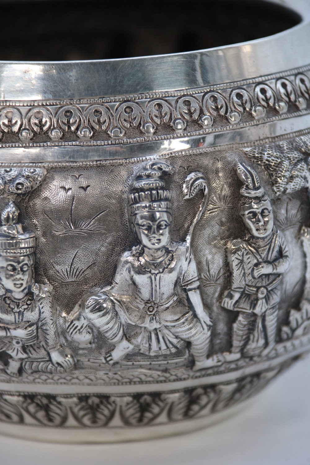 19th century Indian silver Raj period deep relief repousse work bowl. View XIX