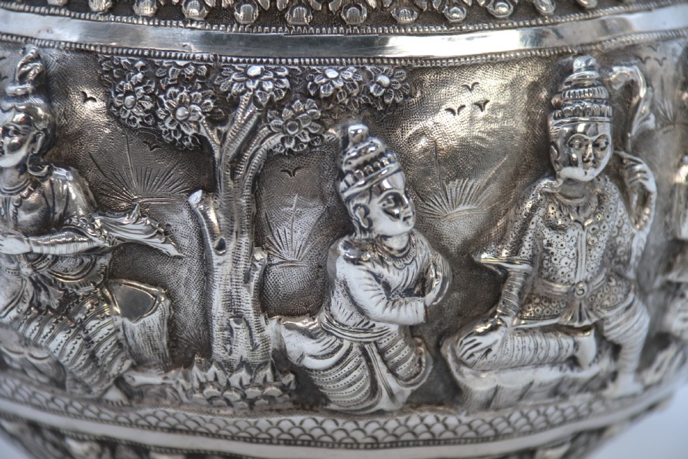 19th century Indian silver Raj period deep relief repousse work bowl. View XX
