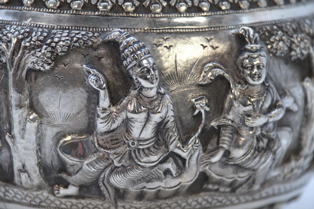 19th century Indian silver Raj period deep relief repousse work bowl. View XXI