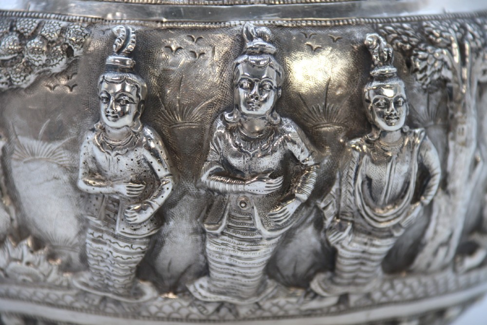 19th century Indian silver Raj period deep relief repousse work bowl. View XXII