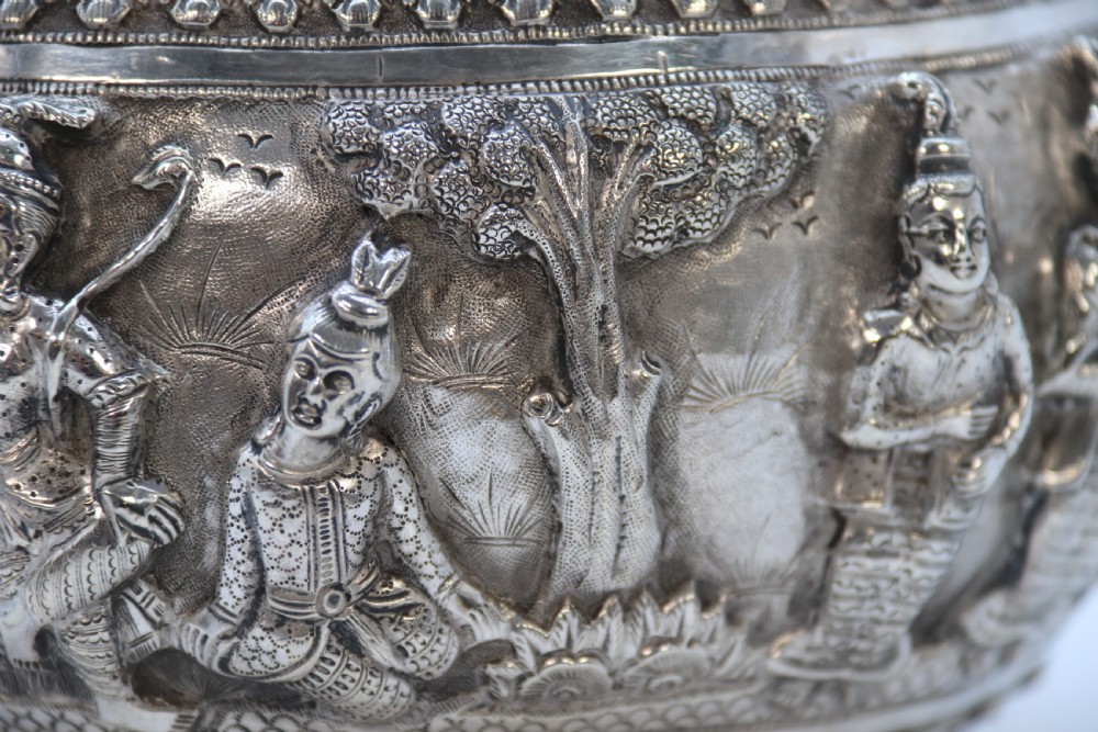 19th century Indian silver Raj period deep relief repousse work bowl. View XXIII