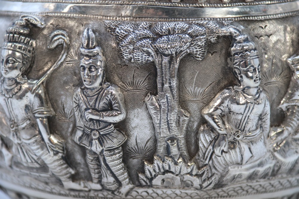 19th century Indian silver Raj period deep relief repousse work bowl. View XXIV