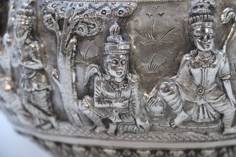 19th century Indian silver Raj period deep relief repousse work bowl. View XXV