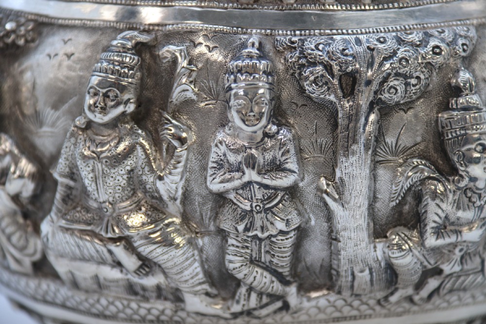 19th century Indian silver Raj period deep relief repousse work bowl. View XXVI