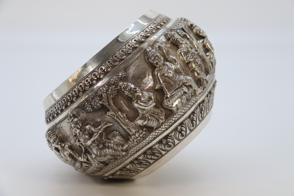 19th century Indian silver Raj period deep relief repousse work bowl. View XXVII