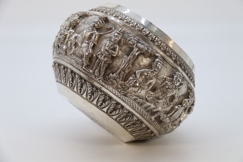 19th century Indian silver Raj period deep relief repousse work bowl. View XXVIII