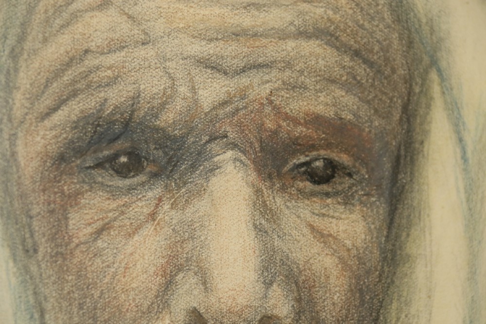 A framed late 19th-century portrait drawing on cream paper depicting an elderly Arabian man wearing a white hooded tunic. View VI