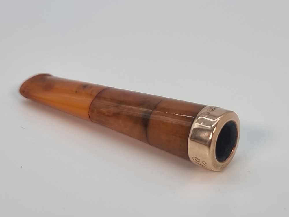 An Edwardian amber cheroot holder with a gold rim positioned next to its hallmarked sterling silver protective case. View VII