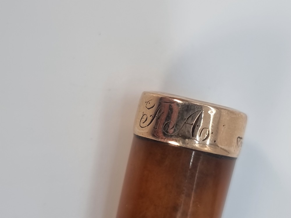 An Edwardian amber cheroot holder with a gold rim positioned next to its hallmarked sterling silver protective case. View XVI
