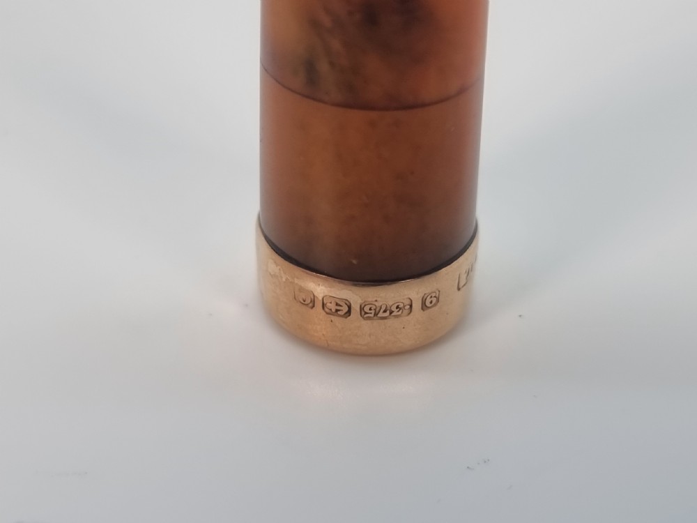An Edwardian amber cheroot holder with a gold rim positioned next to its hallmarked sterling silver protective case. View XIX