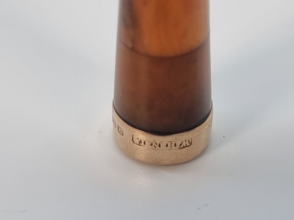 An Edwardian amber cheroot holder with a gold rim positioned next to its hallmarked sterling silver protective case. View XXI