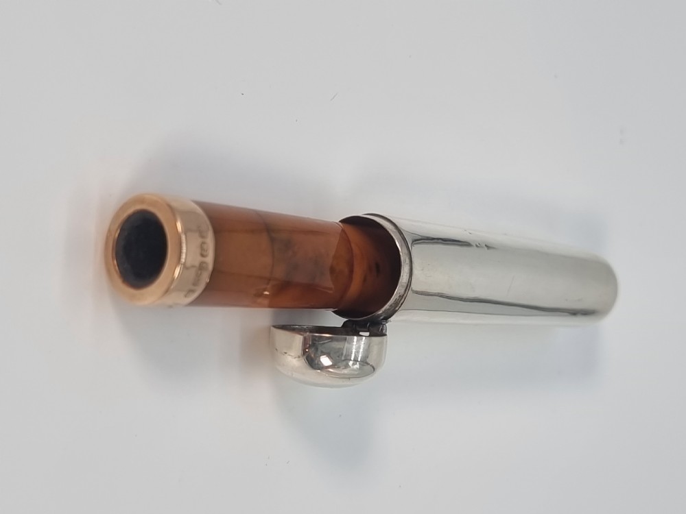 An Edwardian amber cheroot holder with a gold rim positioned next to its hallmarked sterling silver protective case. View XXII