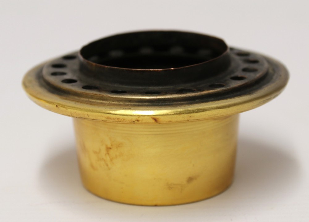 A late 19th-century Aesthetic Movement brass spirit kettle with a cane-wrapped handle, resting on a tripod brass stand with an alcohol burner. View XIII