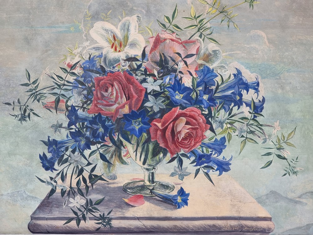 A framed mid-century tempera painting depicting a arrangement of red roses, white lilies, and blue flowers in a glass vase on a stone pedestal. View III