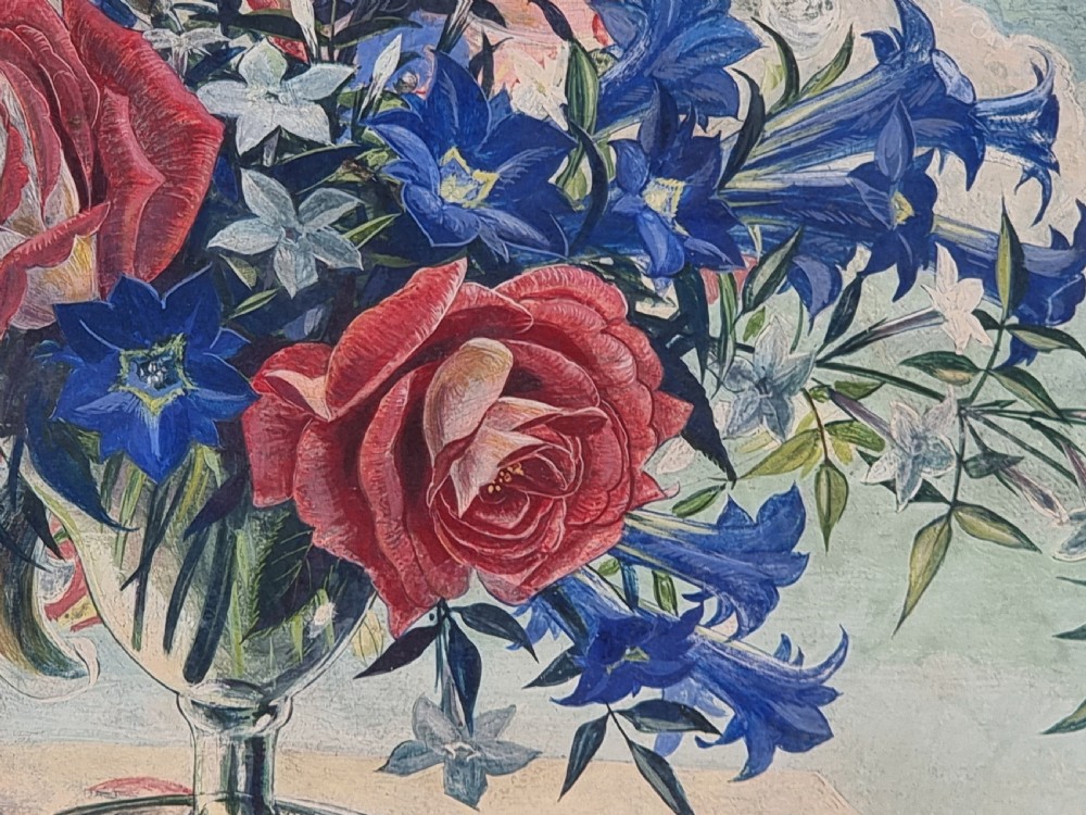 A framed mid-century tempera painting depicting a arrangement of red roses, white lilies, and blue flowers in a glass vase on a stone pedestal. View IV