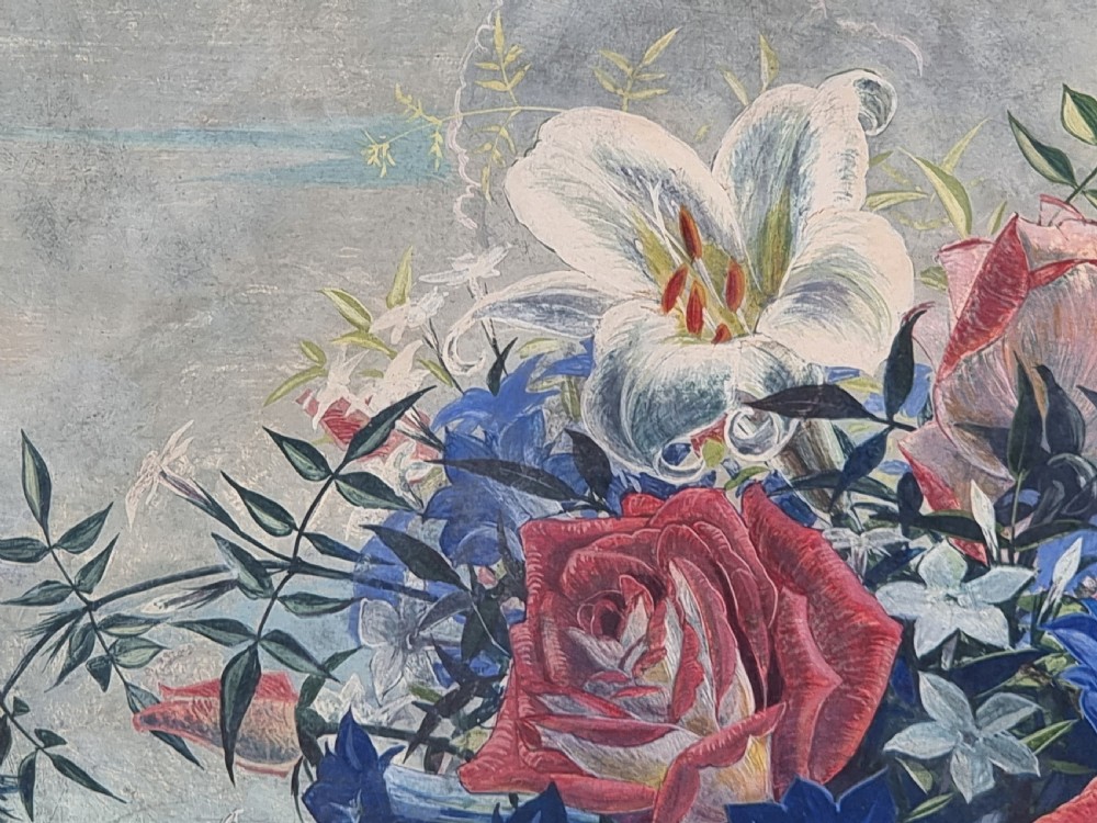 A framed mid-century tempera painting depicting a arrangement of red roses, white lilies, and blue flowers in a glass vase on a stone pedestal. View VI