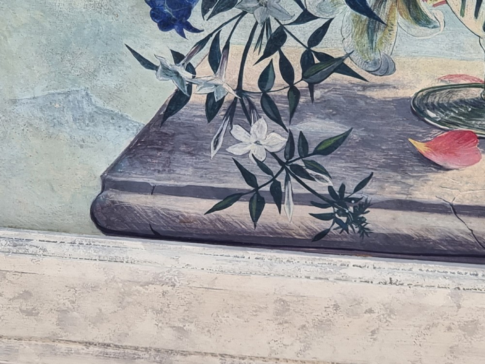 A framed mid-century tempera painting depicting a arrangement of red roses, white lilies, and blue flowers in a glass vase on a stone pedestal. View VII