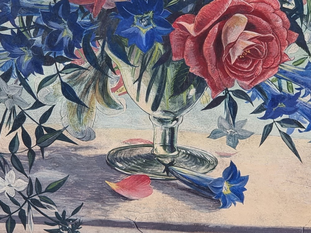 A framed mid-century tempera painting depicting a arrangement of red roses, white lilies, and blue flowers in a glass vase on a stone pedestal. View VIII