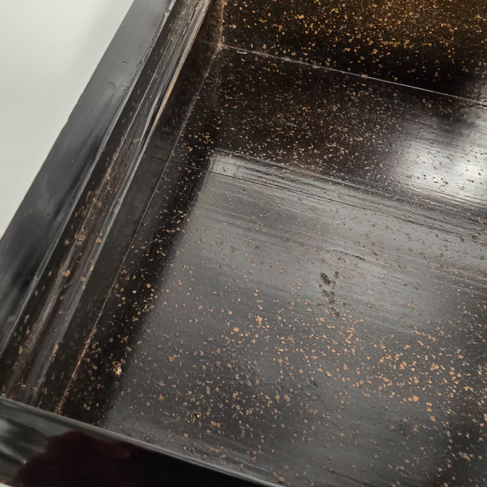 A black lacquer Japanese writing box decorated with detailed gold botanical and bird illustrations, featuring a hinged lid opening to internal correspondence slots. View XXVI