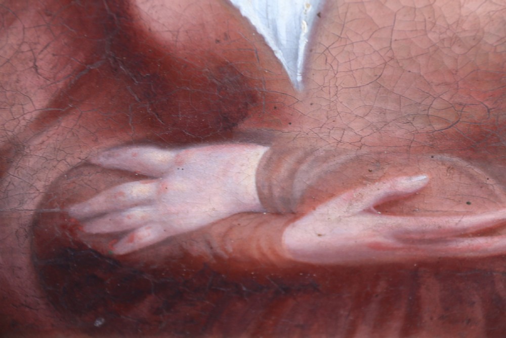 An early 19th-century oil painting on canvas depicting a woman in a bonnet and lace collar, housed within a wide oak frame with a gold inner slip. View III