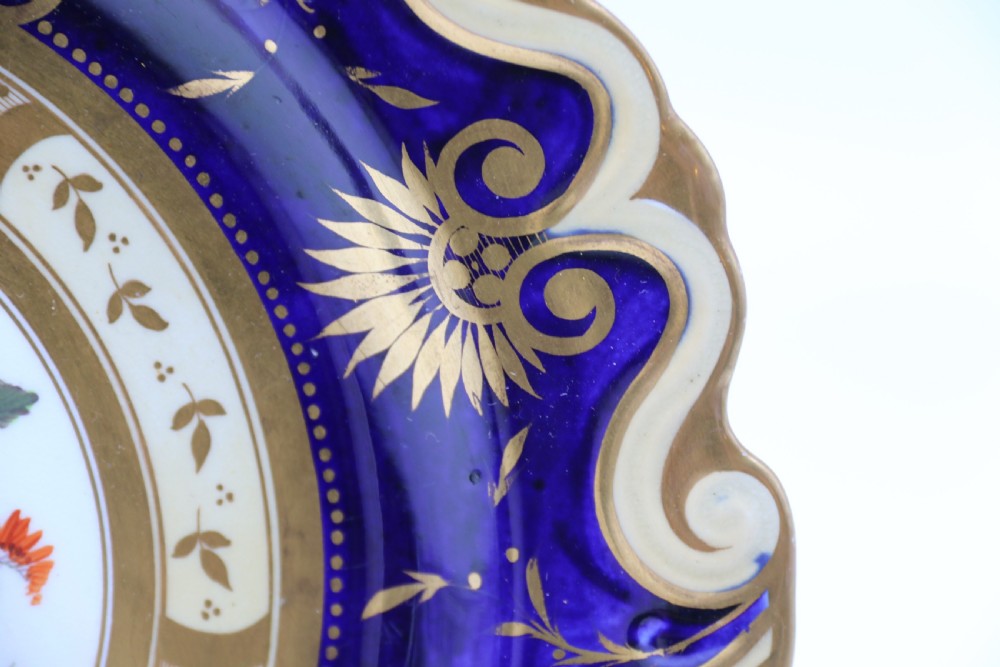 An antique circular English porcelain cabinet plate featuring a cobalt blue and gold scroll border surrounding a central hand-painted floral bouquet. View VI