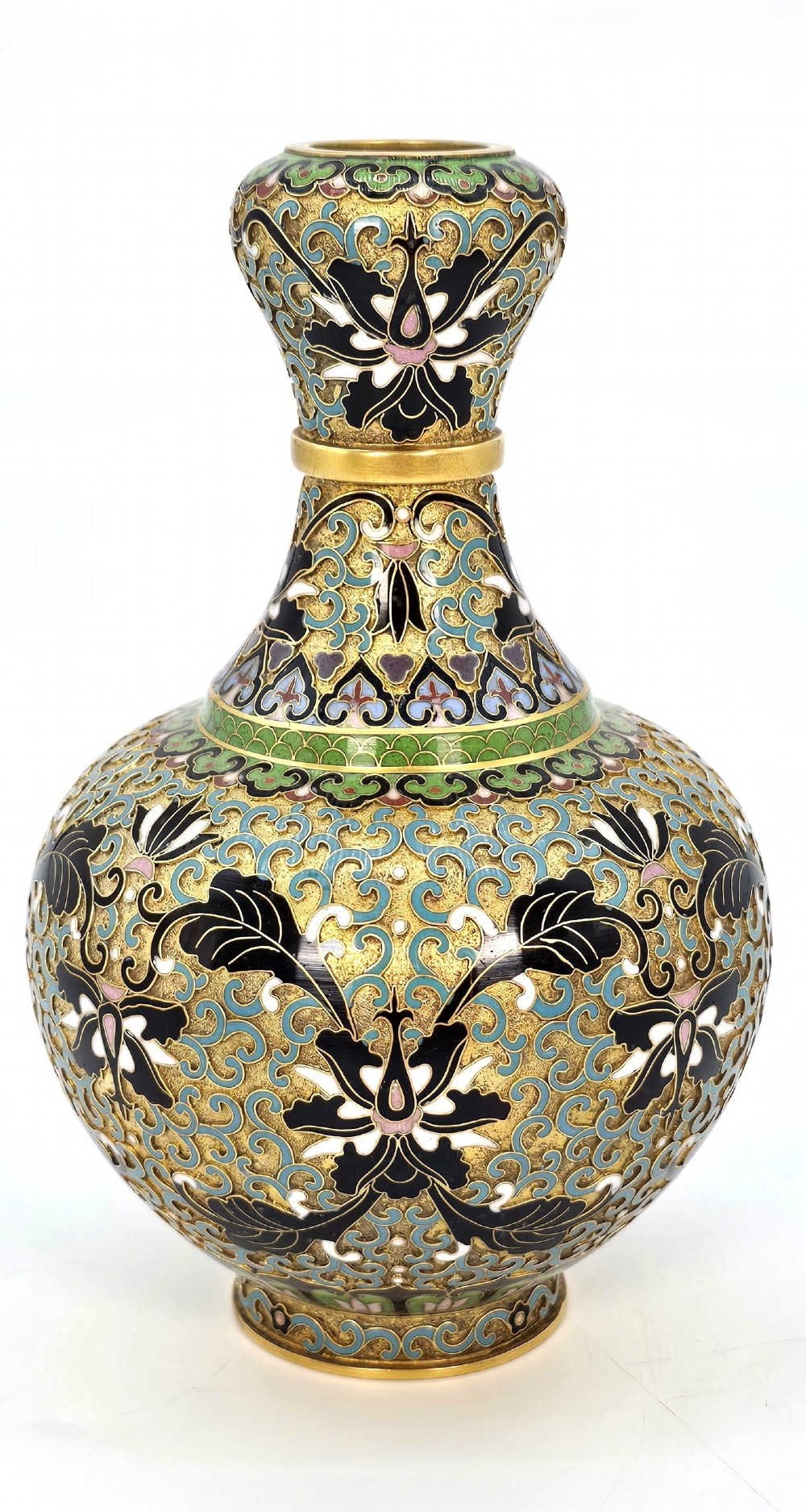 A Chinese gilt metal vase decorated with colourful cloisonne enamel floral scrolls and stylized lotus blooms on a textured gold ground.