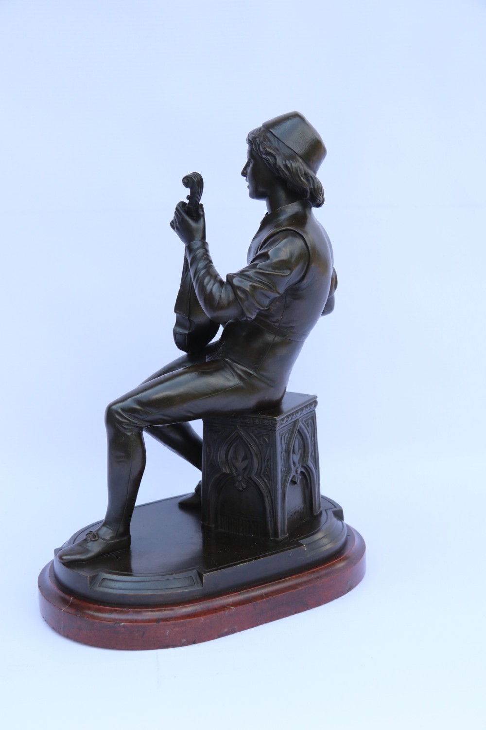  19th century French bronze study of a seated musician playing an early string instrument
 View XVI
