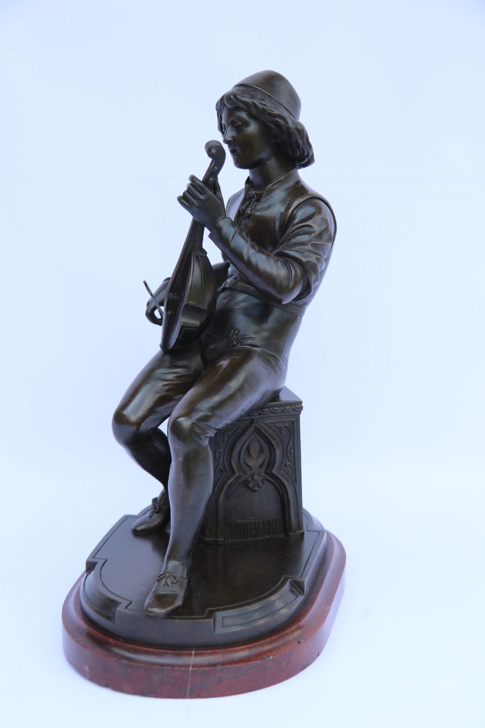 19th century French bronze study of a seated musician playing an early string instrument
 View XXII