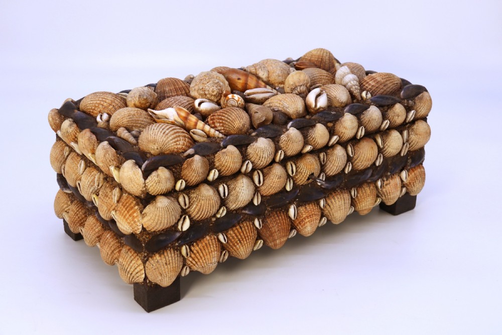 A rectangular folk art box raised on four small feet, fully encrusted with an intricate mosaic of natural sea shells including cockles, cowries, and mussels. View VI