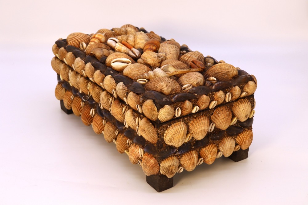A rectangular folk art box raised on four small feet, fully encrusted with an intricate mosaic of natural sea shells including cockles, cowries, and mussels. View X