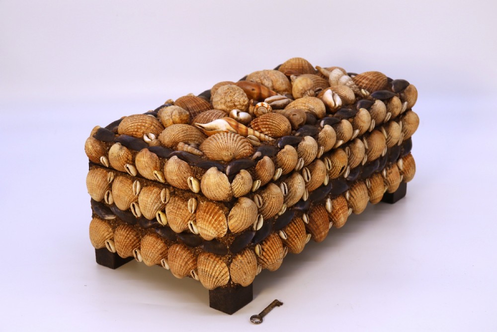 A rectangular folk art box raised on four small feet, fully encrusted with an intricate mosaic of natural sea shells including cockles, cowries, and mussels. View XIX