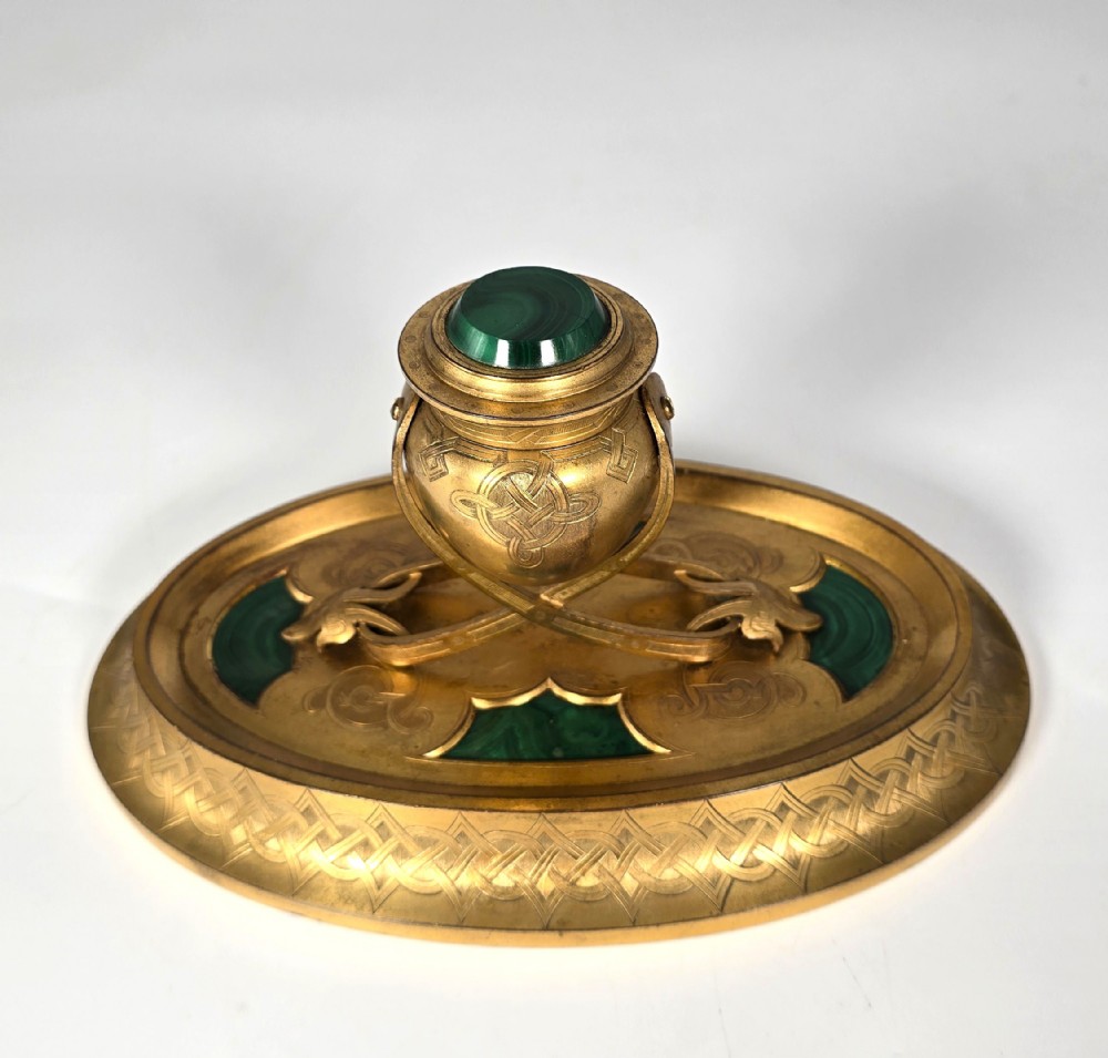 A Superb 19th C English gilt bronze and malachite desk inkstand