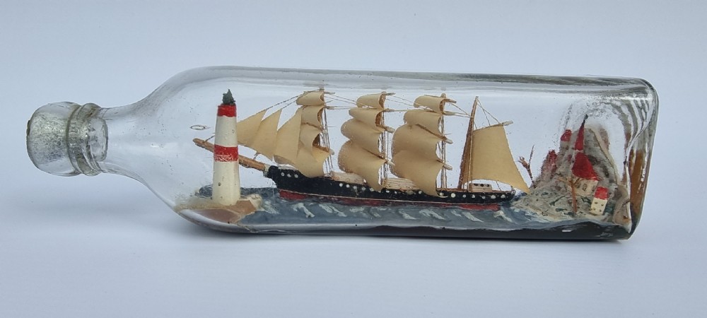 A rare four mast 18th century ship in a bottle, English folk art. View III