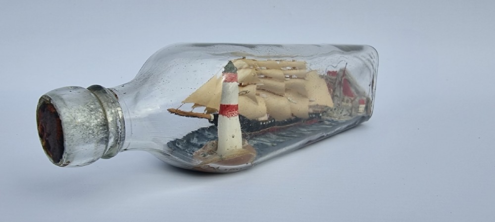 A rare four mast 18th century ship in a bottle, English folk art. View IV