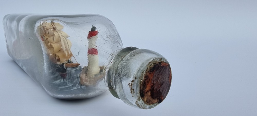 A rare four mast 18th century ship in a bottle, English folk art. View VII