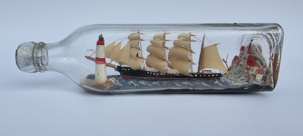 A rare four mast 18th century ship in a bottle, English folk art. View VIII