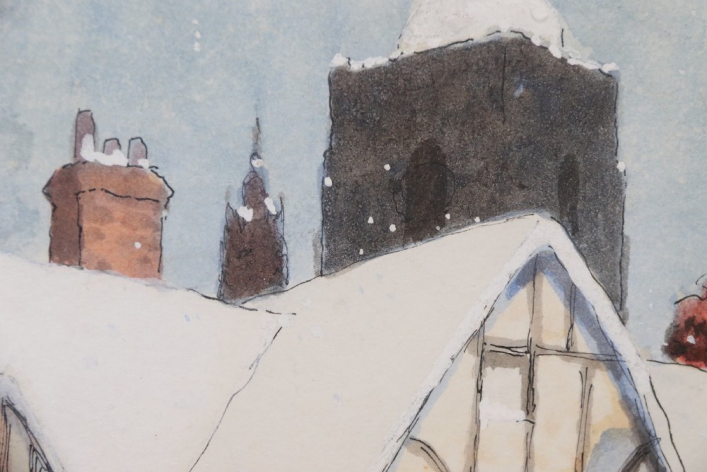 A pair of framed 1930s watercolour paintings by Ernest Uden depicting snowy rural winter scenes featuring a windmill and a timber-framed building. View VI