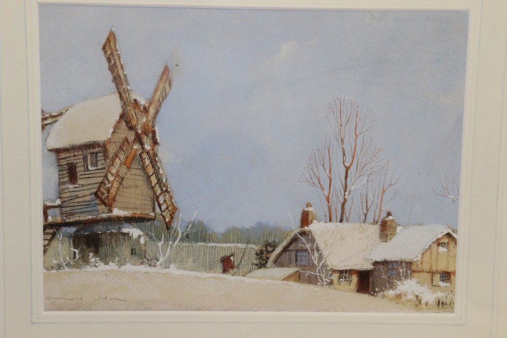 A pair of framed 1930s watercolour paintings by Ernest Uden depicting snowy rural winter scenes featuring a windmill and a timber-framed building. View XIII