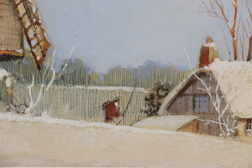 A pair of framed 1930s watercolour paintings by Ernest Uden depicting snowy rural winter scenes featuring a windmill and a timber-framed building. View XV