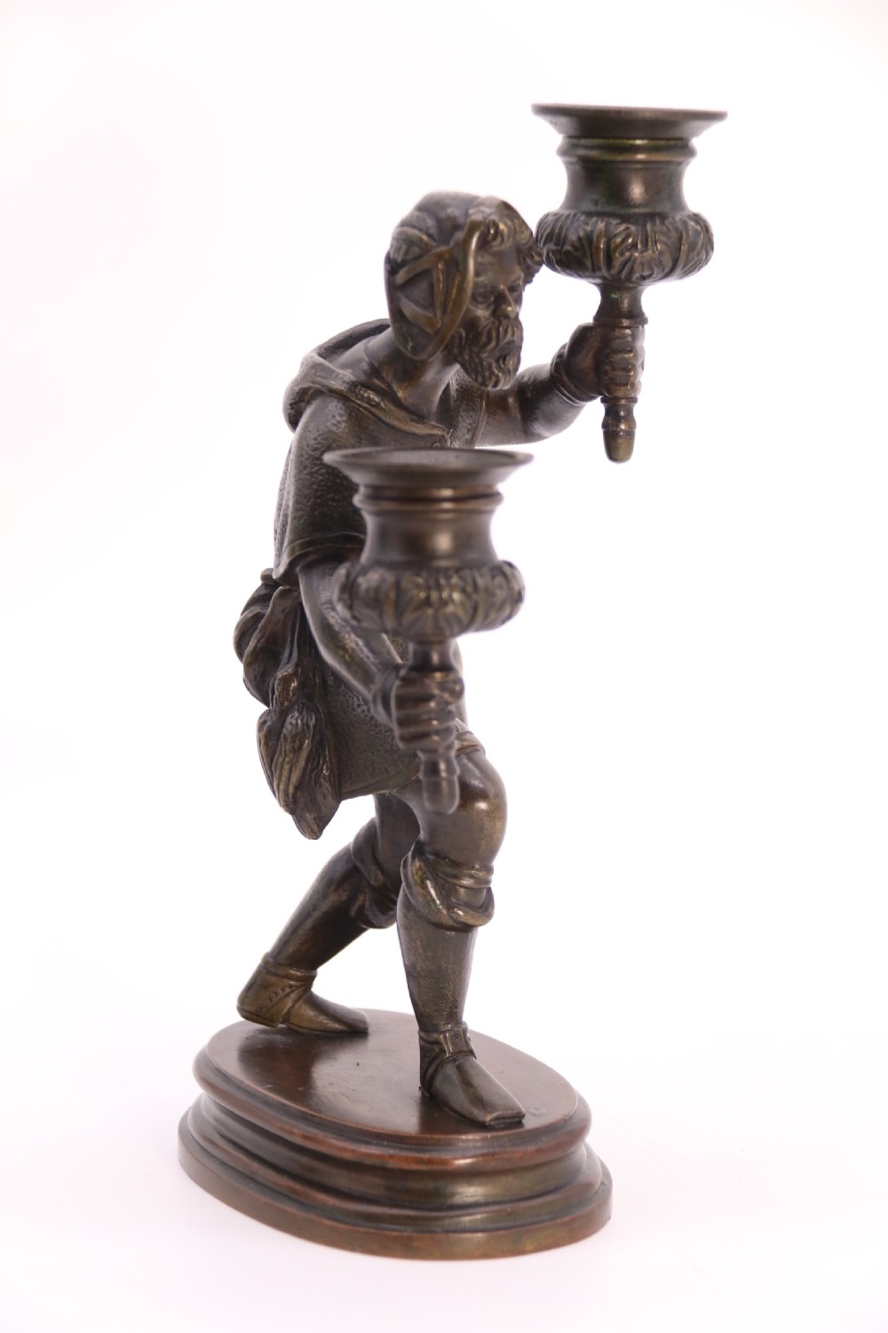 A pair of 19th-century patinated dark bronze double candlesticks featuring sculpted male figures standing on oval bases and holding two sconces each. View XXIV