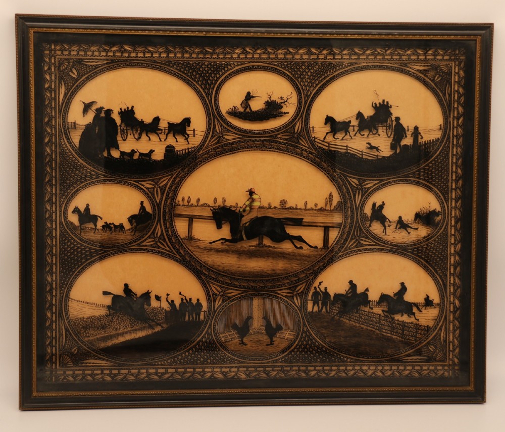 A Victorian framed reverse glass painting featuring multiple oval vignettes of equestrian hunting, coaching, and racing silhouettes set against a sepia background.