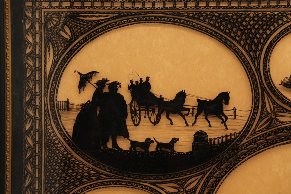 A Victorian framed reverse glass painting featuring multiple oval vignettes of equestrian hunting, coaching, and racing silhouettes set against a sepia background. View II