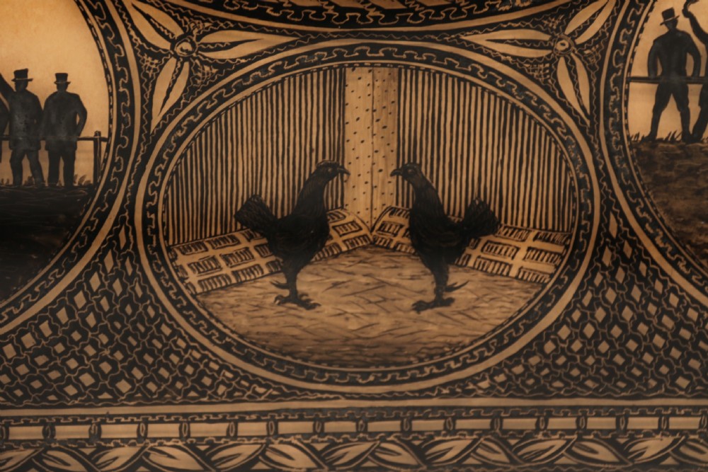 A Victorian framed reverse glass painting featuring multiple oval vignettes of equestrian hunting, coaching, and racing silhouettes set against a sepia background. View IV