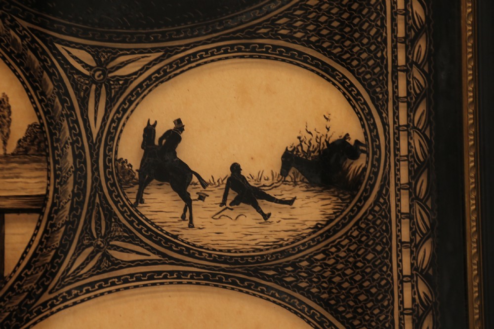 A Victorian framed reverse glass painting featuring multiple oval vignettes of equestrian hunting, coaching, and racing silhouettes set against a sepia background. View V